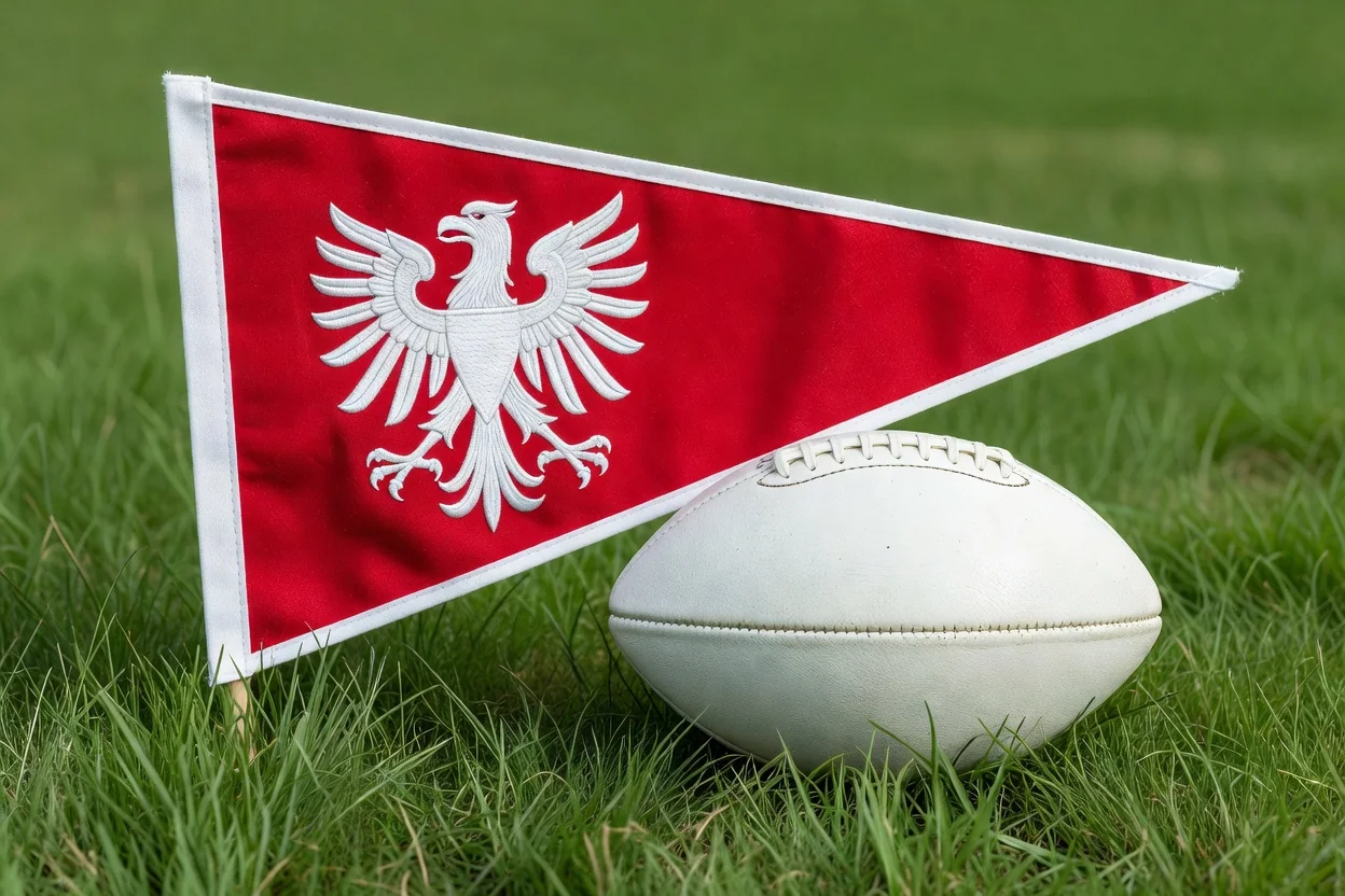 Chorągiewka z białym orłem i klasyczna piłka nożna na murawie