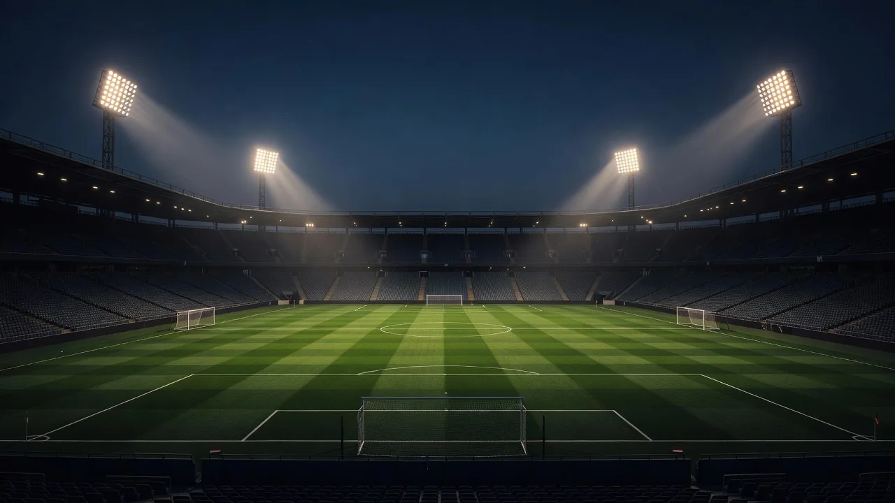 Reflektory stadionowe nad wieczornym boiskiem